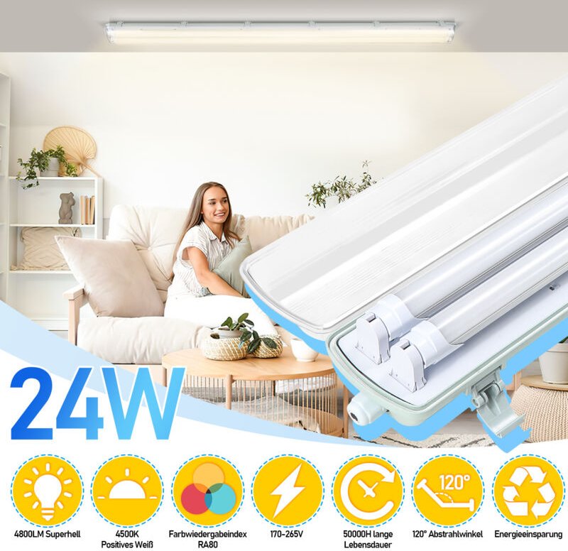 TolleTour LED Feuchtraumleuchte Badlampe Keller Wannenleuchte Tube Lamp 150cm 2 x 24W T8 Röhre Neutralweiß 4500K IP65
