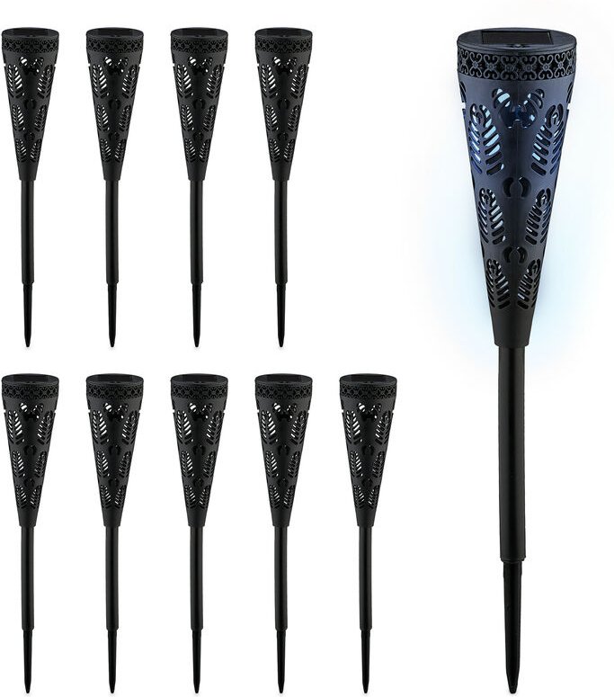 Relaxdays Solarlampe 10er Set, Fackel-Design, Gartenbeleuchtung mit Lichteffekt, H x D: 41 x 7 cm, mit Erdspieß, schwarz