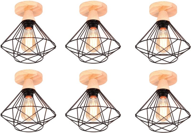 Axhup - 6x Industriell Metall Hölzern Deckenlampe Design in Rautenform Lüster E27 Kronleuchter für Wohnzimmer Korridor F...