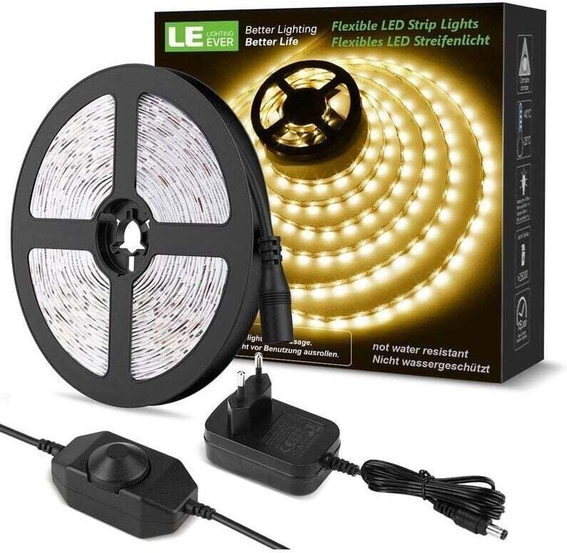 10M Dimmbarer LED-Streifen, Warmweiß 3000K LED-Streifen 600 LEDs SMD 2835, 12V Selbstklebender LED-Streifen mit Dimmer, ...