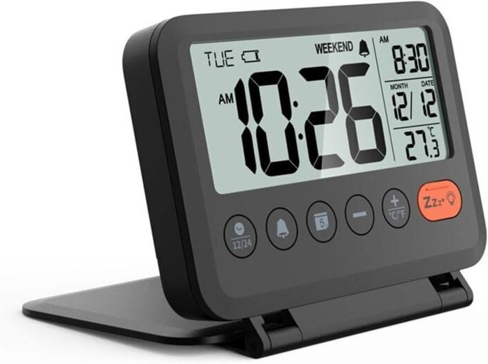 Digitaler Reisewecker, schwarz, 3,54-Zoll LCD-Display, Schlummerfunktion (9 Minuten), 2 Lautstärkestufen, Hintergrundbel...