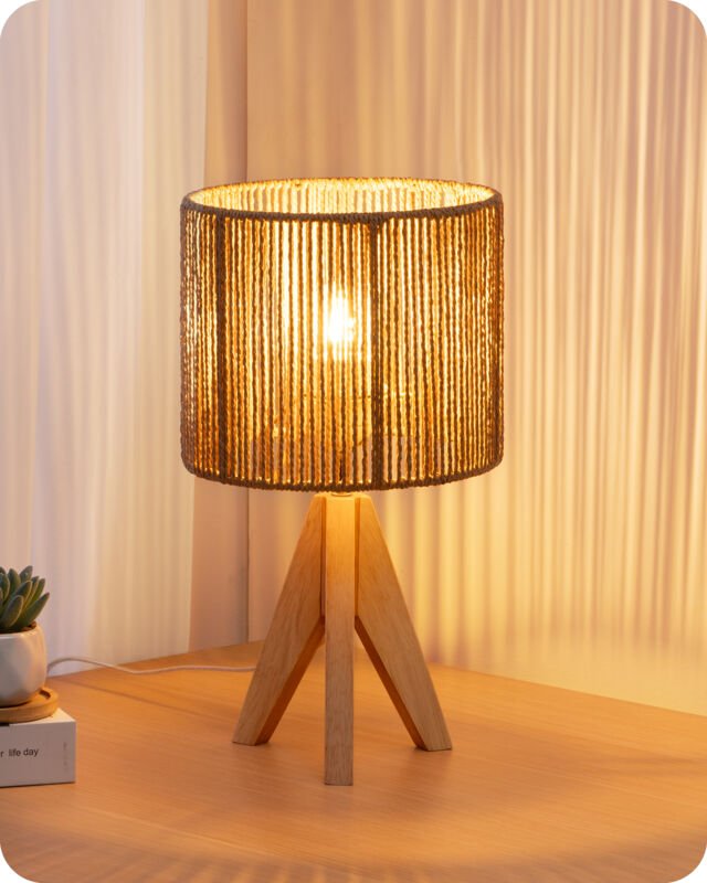 EDISHINE Nachttischlampe mit handgewebtem Seil-Lampenschirm, Wohnzimmer, inkl. E27 4W Glühbirne, H36 cm mit 165 cm lange...