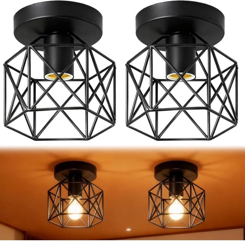 Set aus 2 Vintage-Deckenleuchten: Industrielle Pendelleuchte, E27-Eisenkäfiglampe, Vintage-Deckenleuchte, Pendelleuchte ...
