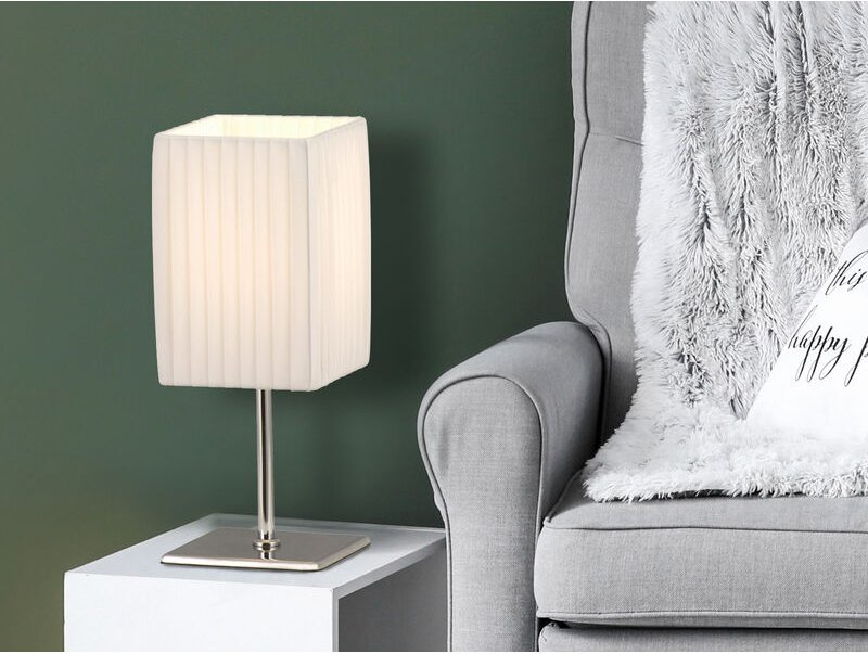 Meinewunschleuchte - led Tischleuchte Silber Chrom mit Plissee Stoffschirm Weiß, Höhe 26cm