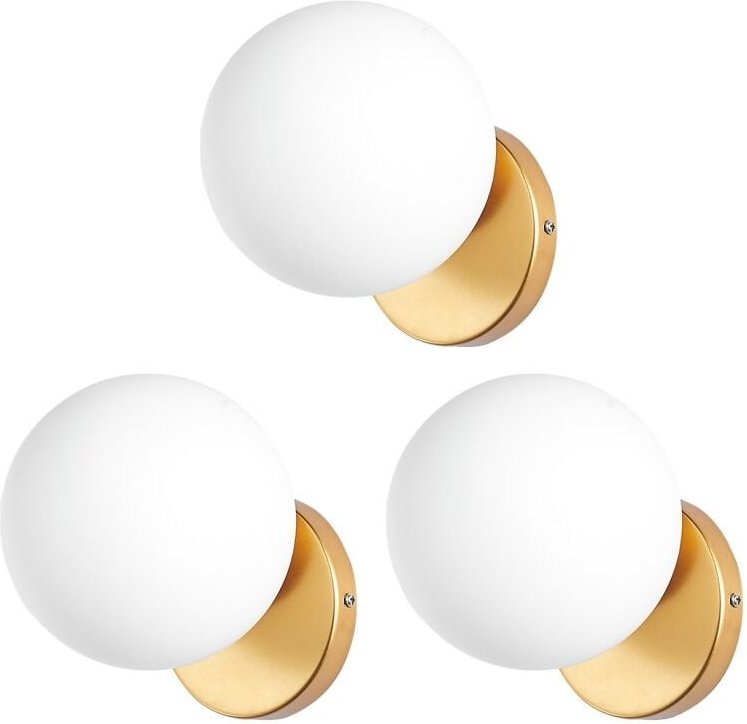 3 Stück Moderne Wandleuchte Innen Kugel Wandlampe mit Glaskugel Lampenschirm Ø15CM Wandbeleuchtung E27 Cremeweiß + Gold