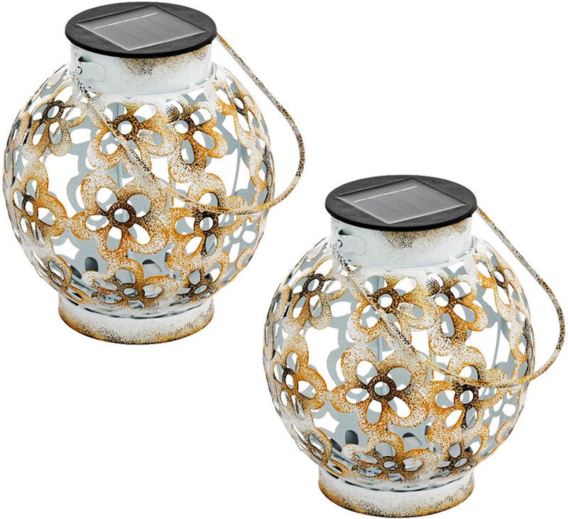 Solar Tischlampe Garten Solarleuchte Windlicht led Hängelampe IP44 Hängeleuchte, Metall Muster antik weiß gelb, 1x led 3...