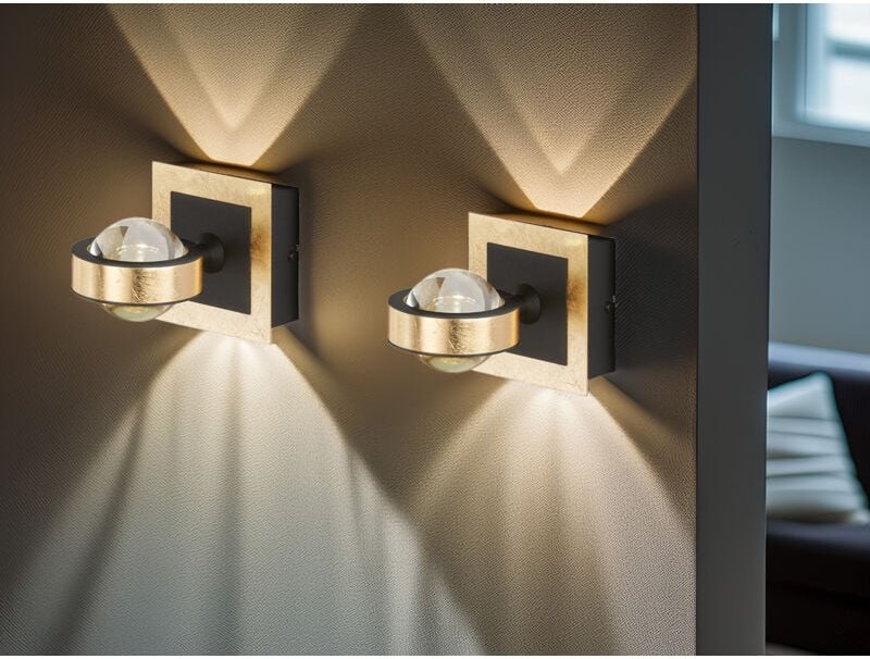Meinewunschleuchte - 2er set led Wandlampen Schwarz Gold mit Schalter dimmbar, Höhe 12cm
