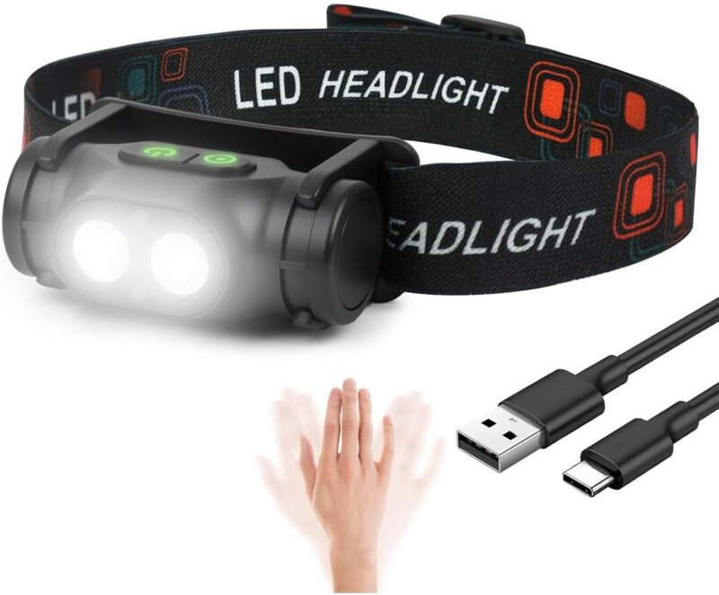 Wiederaufladbare USB-C-Stirnlampe, ultrahelle LED-Stirnlampe mit Bewegungssensor und Magnetfuß, wasserdicht (IPX4), leic...