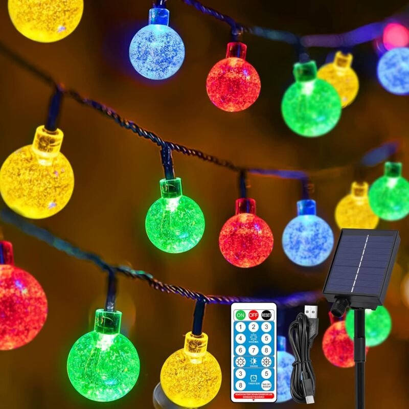 Solar-Lichterkette für den Außenbereich, Weihnachtslichterkette, 12 m, 100 LED-Kristallkugeln, Solar-Lichterkette, 8 Mod...