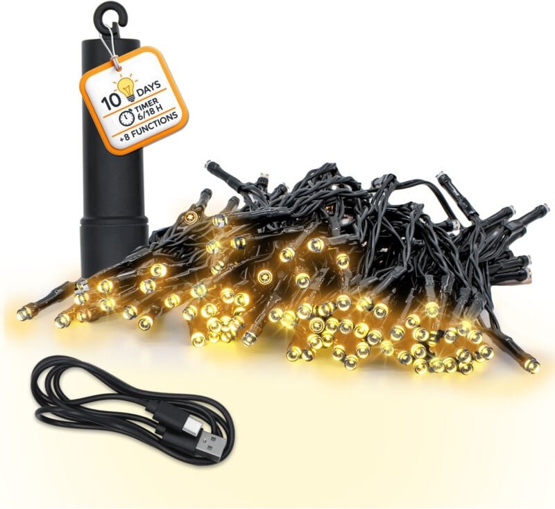 Akku Lichterkette per USB aufladbar bis 10 Tage Leuchtdauer mit Timer - 200 LED auf 15m - Außen Dekolicht warm weiß mit ...