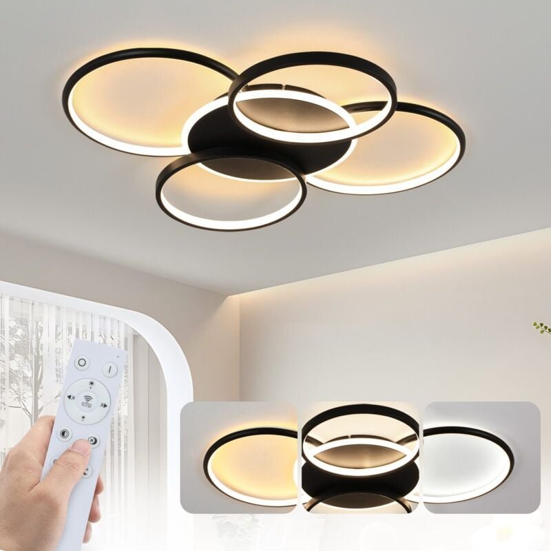 Deckenlampe led Deckenleuchte Wohnzimmer: Wohnzimmerlampe Dimmbar 70W mit Fernbedienung 5-Ringen Schwarz Schlafzimmerlam...