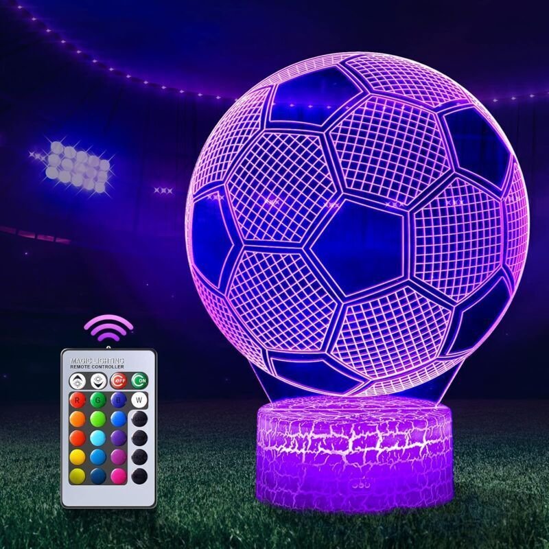 SNQ - 3D-Fußballlampe, LED-Nachtlicht mit Fernbedienung, 7 Farben wählbar, dimmbarer Touch-Schalter, USB-Nachtlampe, Geb...