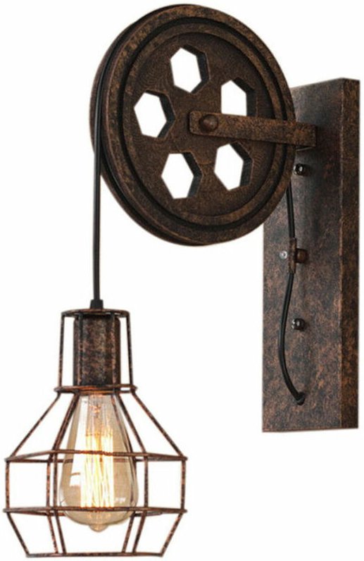 Wandleuchte Innen, Kreativ Flaschenzug Wandlampe, Vintage Industri Wandlampe mit Metallkäfig für Wohnzimmer Schlafzimmer...