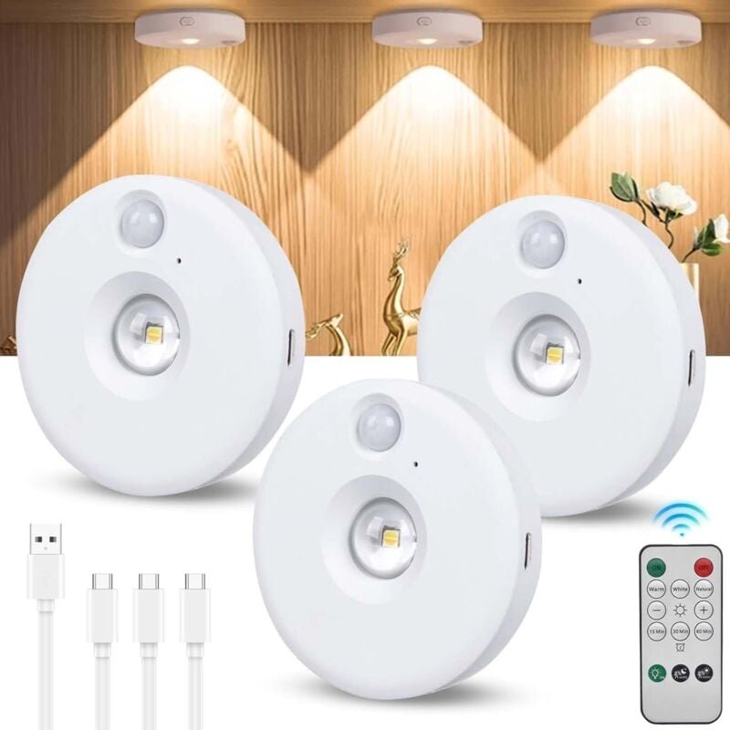 3-teiliges kabelloses LED-Spot-Set mit Fernbedienung, wiederaufladbarem Akku, magnetisch dimmbar, für Schränke, Kleiders...