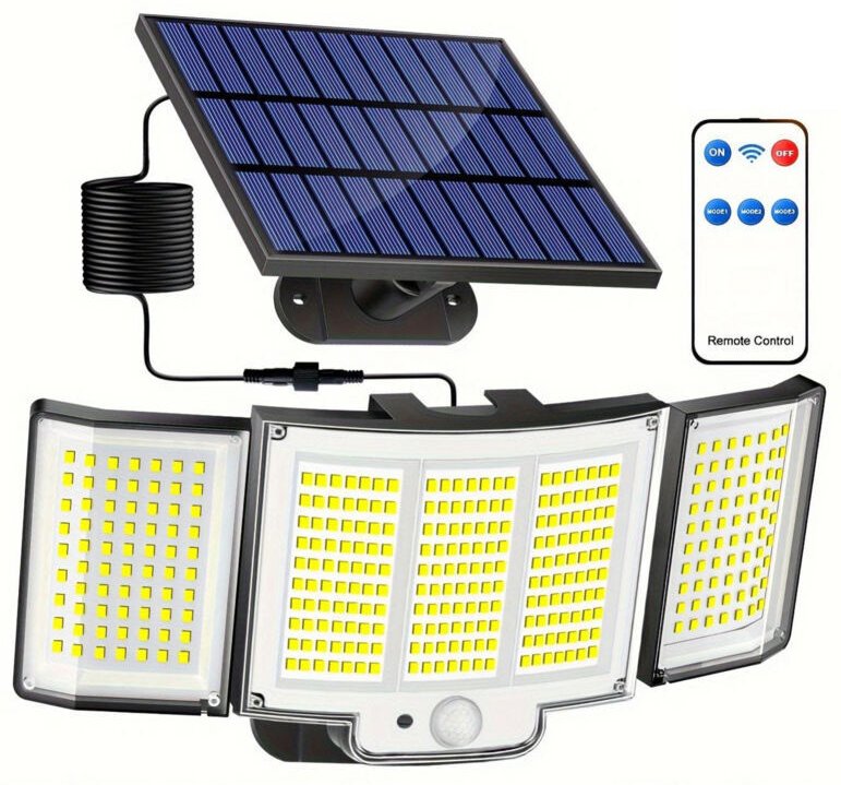 Solar-Außenleuchten, 348 LEDs/3 Modi, geteilter Solar-Bewegungsmelder mit Fernbedienung, wasserdichter 3-Kopf-Scheinwerf...
