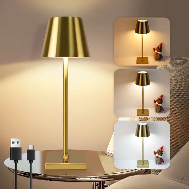 Tischlampe led Kabellos Akku Tischleuchte - usb Touch Dimmbar Nachttischlampe 3 Farbtemperatur Gold Vintage Tischlampen ...