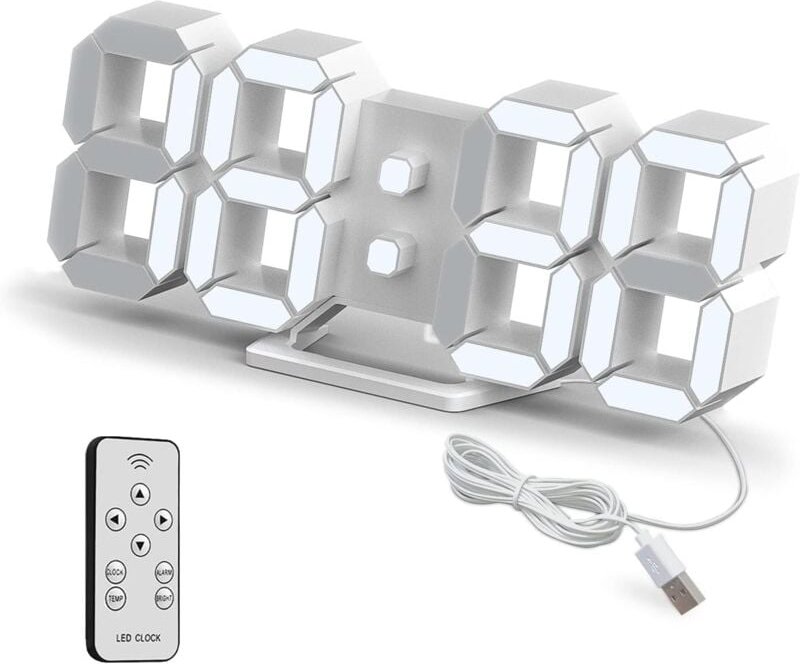 Ersandy - 3D-LED-Digital-Wanduhr, kleiner Wecker, Fernbedienung, 25,2 cm, 12/24-Stunden-Temperatur, Datumsanzeige, Zeits...