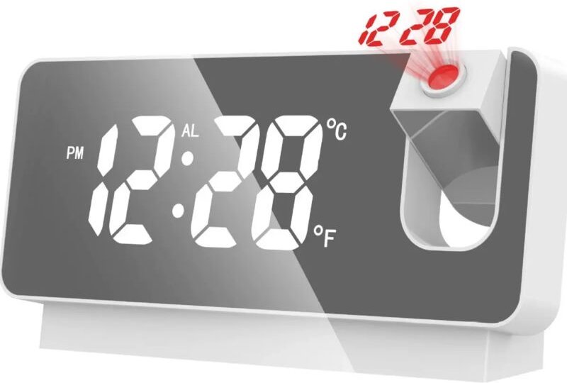 Projektorwecker, digitale Spiegeluhr mit 180° drehbarem Projektor, Temperatur- und Datumsanzeige, Weckfunktion, USB-Lade...