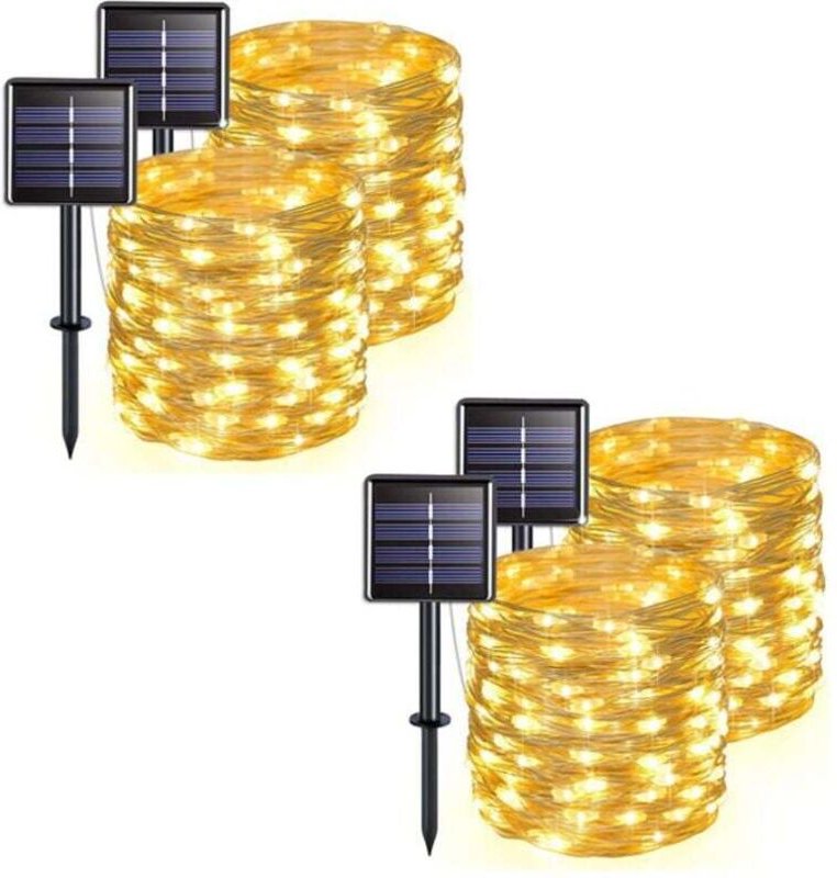 4er-Pack Solar-Lichterketten für den Außenbereich, Kupferdraht, wasserdicht, 12 Meter pro Kette, 100 LEDs (warmes Licht)