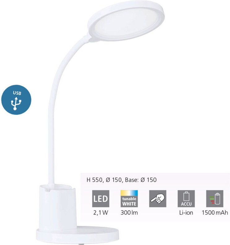 Eglo 900529 Tischleuchte BROLINI LED 2,1W Kunststoff weiß 2700-6500K H:55cm Ø15cm dimmbar mit Touchdimmer