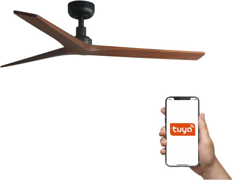 Faro Klim Mittlerer Deckenventilator mit 3 Flügeln, Mattschwarz, Walnuss, Tuya Smart System