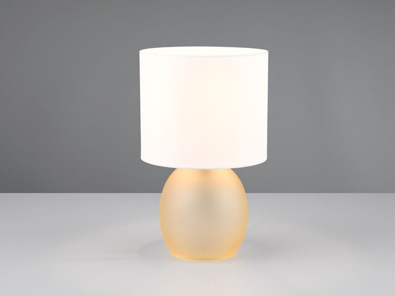 Meinewunschleuchte - led Tischleuchte mit Glasfuß Bernsteinfarben und Stoffschirm Weiß, Höhe 29cm