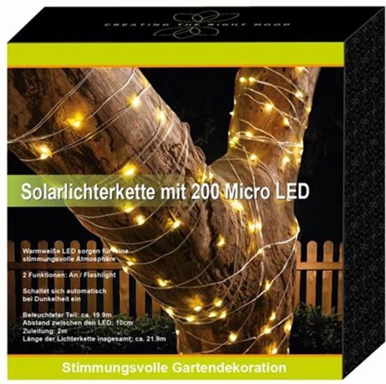 Buri - Solar-Lichterkette 200 Micro-LEDs 21,9m Warmweiß Gartenbeleuchtung Terrassendeko