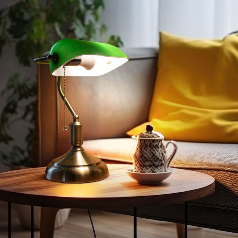 Bankerlampe Glas verstellbar Tischleuchte Retro grün Schreibtischleuchte Zugschalter, Metall, 1x E27 Fassung, LxBxH 26x1...