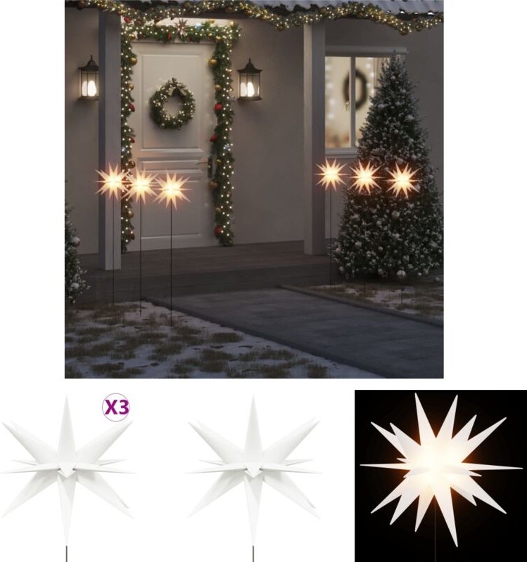 The Living Store LED-Weihnachtssterne 3 Stk. mit Erdspießen Faltbar Weiß 35 cm - Weihnachtsbeleuchtung