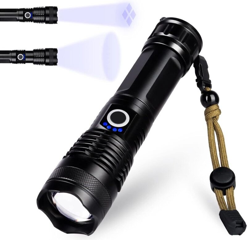 Ultrastarke LED-Taschenlampe, wiederaufladbare Taschenlampe mit USB-Typ-C, verstellbare, zoombare, wasserdichte XHP50-Ta...