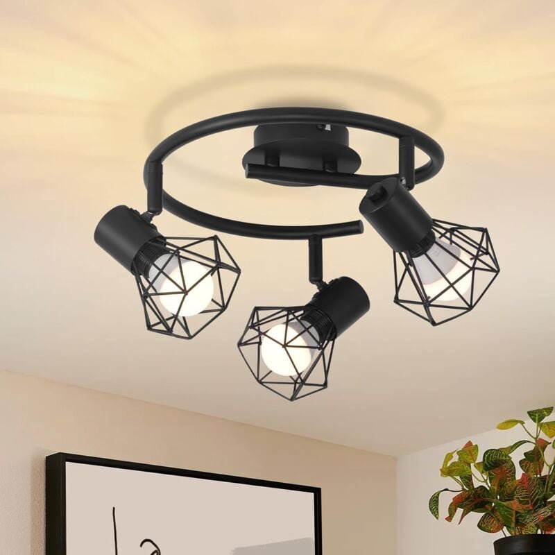 Deckenstrahler 3 Flammig Rund Deckenspots - Deckenleuchte E14 Schwarz Retro Schwenkbar Industrial Küchenlampe Metall für...