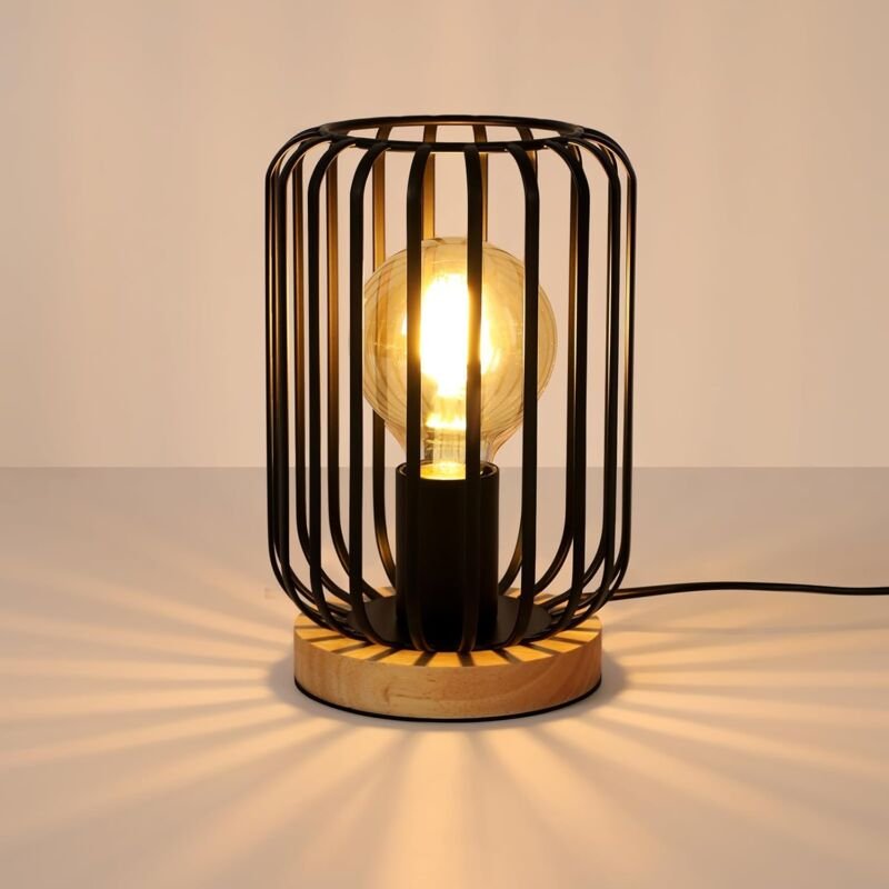 Comely - Vintage Industrie Tischlampe, Metall mit Holzkäfig und Schwarz, Tischlampe mit Schalter und E27 Kabel für Schla...