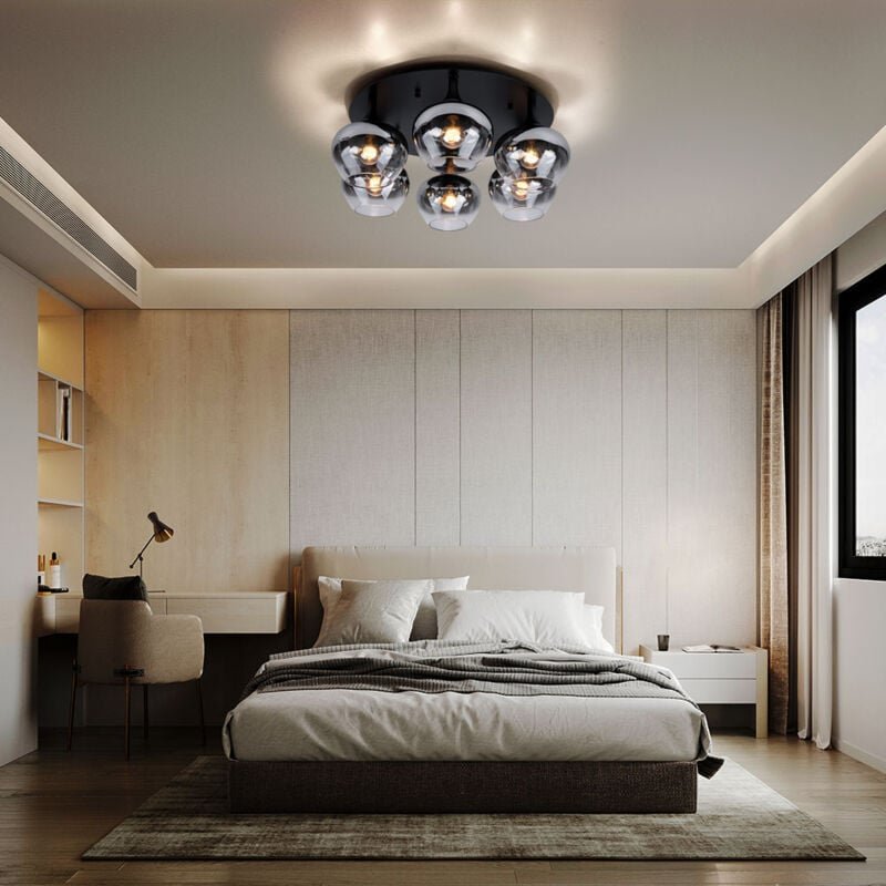 Globo Lighting - Deckenlampe Rauchglas Deckenleuchte Esszimmerleuchte rund Glaskugel Schlafzimmer, Metall schwarz, 6x E2...