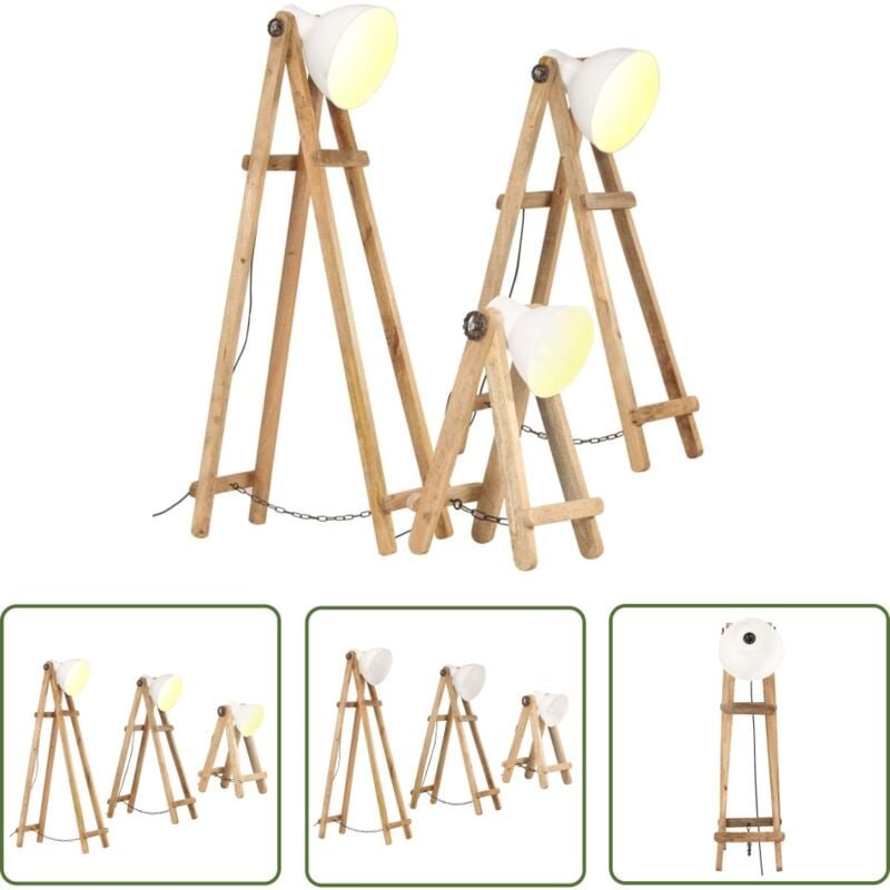 Stehlampen 3 Stk. Weiß E27 Mango Massivholz - Vintage Lampe - Stehlampe Set - Holzstelenleuchte - Industrielle Deko - Wo...
