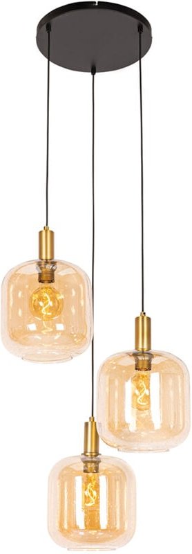 Smarte Pendelleuchte Schwarz mit Messing und bernsteinfarbenem Glas 3-flammig inkl. 3 Wifi G95 - Zuzanna