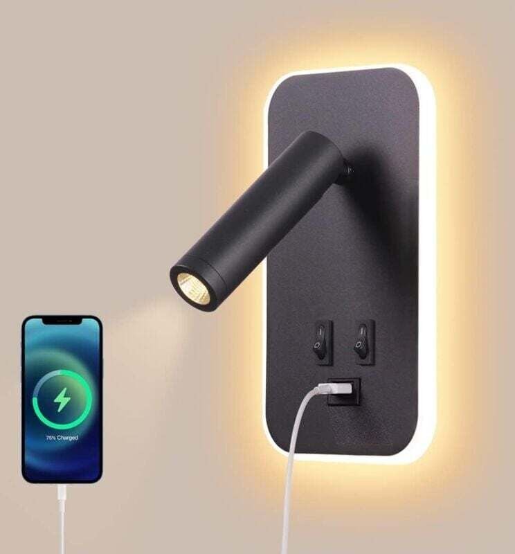 LED-Wandleuchte, Nachttischlampe, Leselampe mit Schalter, USB-Ladeanschluss, verstellbarer Spot für stimmungsvolle Beleu...