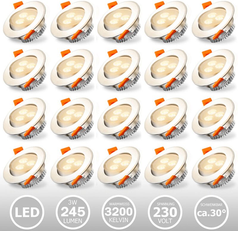 20x LED Einbaustrahler Deckenleuchte Einbauleuchte 3W WarmWeiß 245LM 3200K Decken-Spots mit Trafo