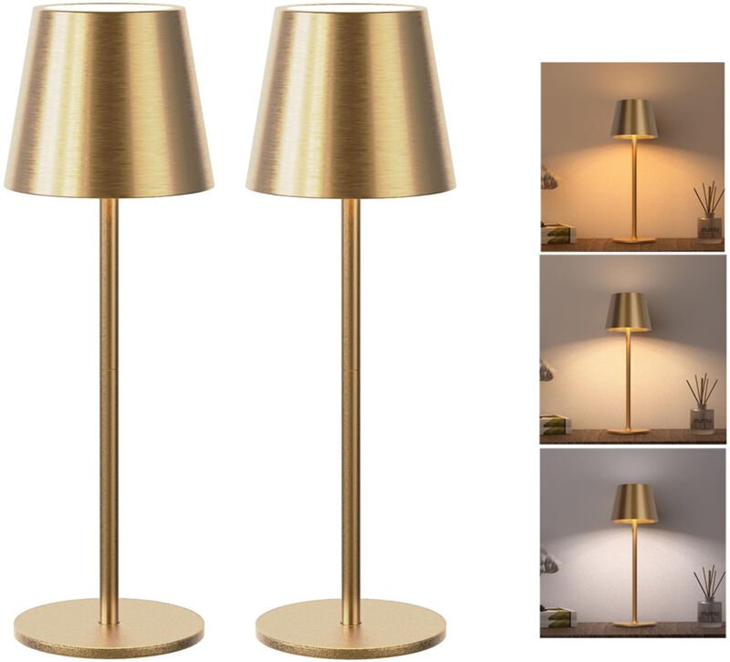 2er-Pack dimmbare kabellose Touch-Tischleuchten, 3 Farbtemperaturen, wasserdichte tragbare Nachttischlampe (IP54), Gold