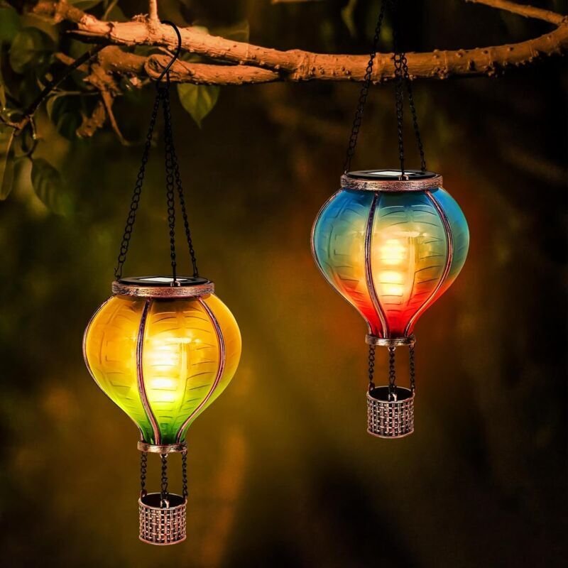 2er Pack Solar Heißluftballon, Gartendeko mit dekorativem Flammeneffekt, Solar led Heißluftballon, Solarlaterne für Terr...