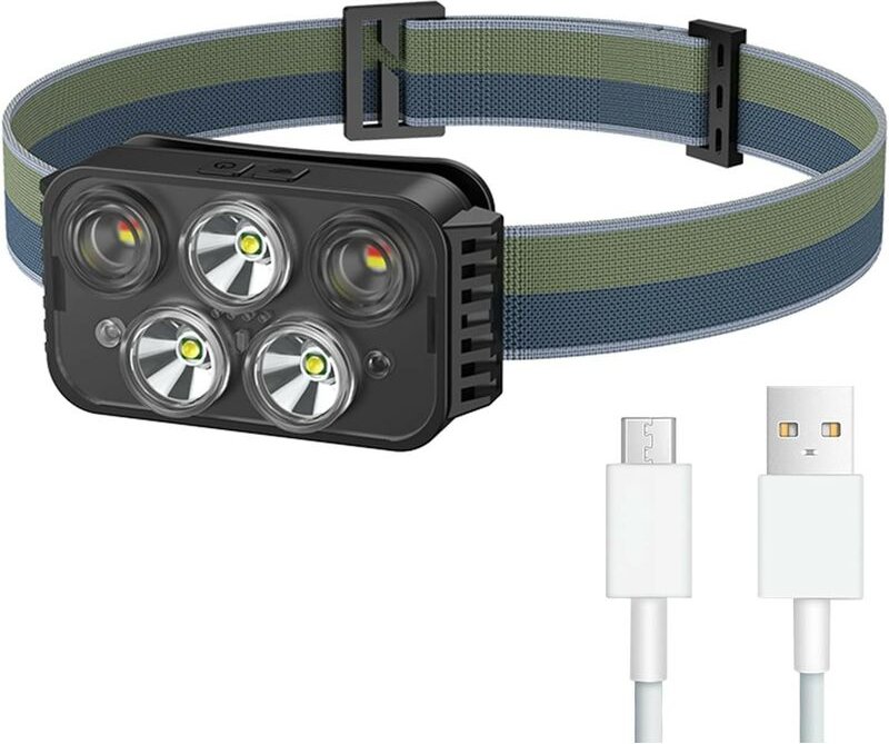 Stirnlampe, mit 5 Lichtern und 6 Modi, 6000 l wasserdichtes LED-Freisprechlicht, Lauf-LED-Stirnlampe