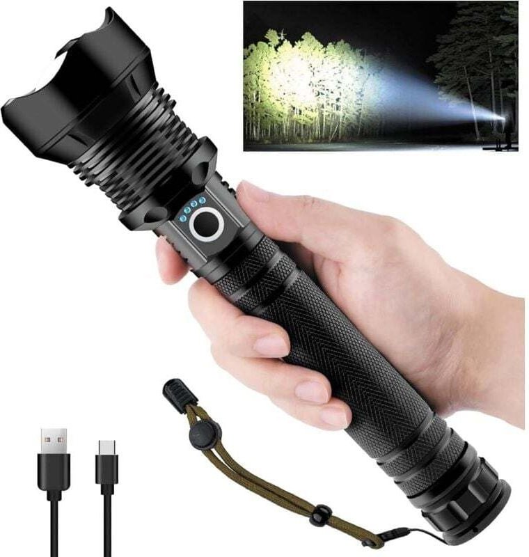 Extrem leistungsstarke LED-Taschenlampe, 4000 Lumen, wiederaufladbar, P90, wasserdicht, verstellbar und zoombar, USB-auf...