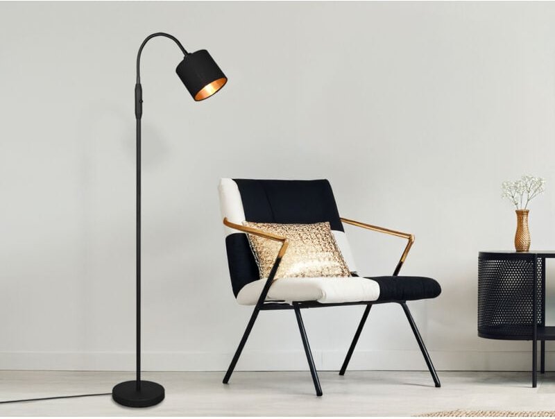 Reality - Kleine Stehleuchte tommy mit Flexarm & Stoffschirm Schwarz / Gold, Höhe 130cm
