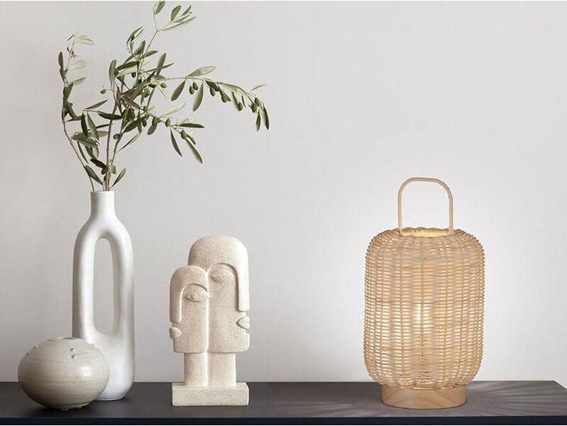 Fischer&honsel - Tischleuchte nature, Laterne aus Holz & Korbgeflecht, Höhe 28,5cm