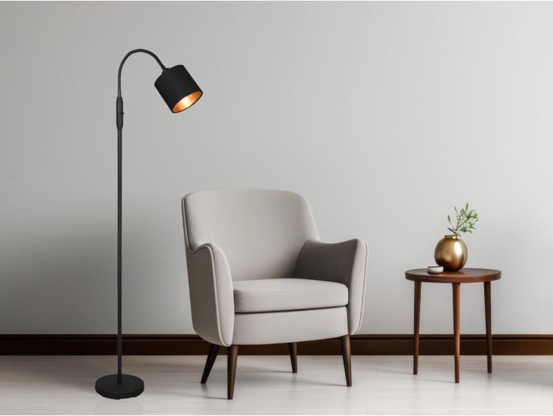 Thumbnail - Meinewunschleuchte - Kleine led Stehleuchte Stoffschirm Schwarz/Gold mit Flexarm, Höhe 130cm