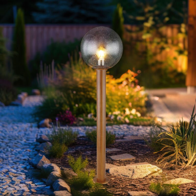 Außenleuchte Stehlampe Außen Gartenleuchte Standleuchte braun Terrassenlampe Wegeleuchte, Aluminium Glas Holzoptik, Kuge...