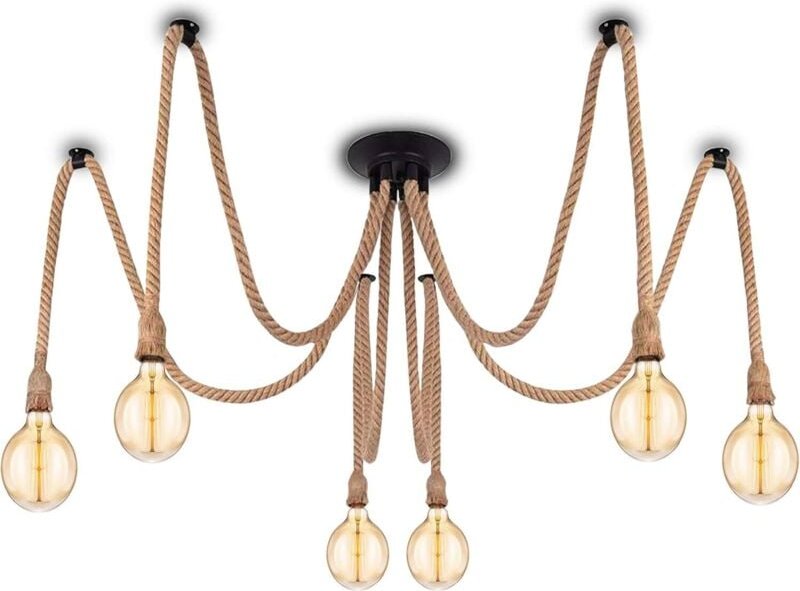 Industrielle Pendelleuchte mit Textilkabel – DIY Hanfseil Retro Vintage Kronleuchter 6 x 2 Meter mit E27 Lampenfassung f...