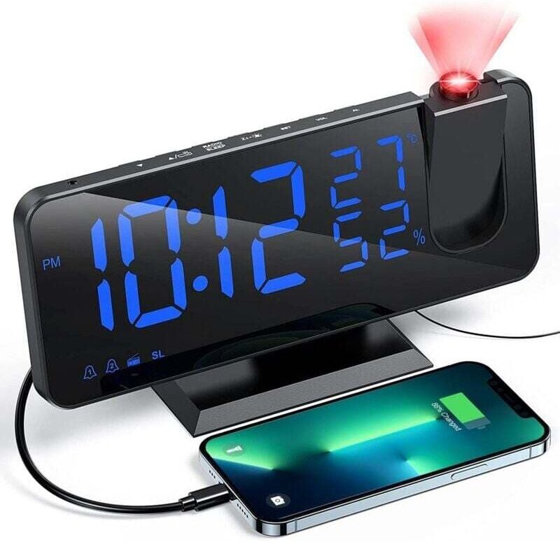 Reveil Projecteur avec Radio, Horloge Numérique, Réveil avec Port de USB, 3 Niveaux de Luminosité Réglables, Snooze et 1...