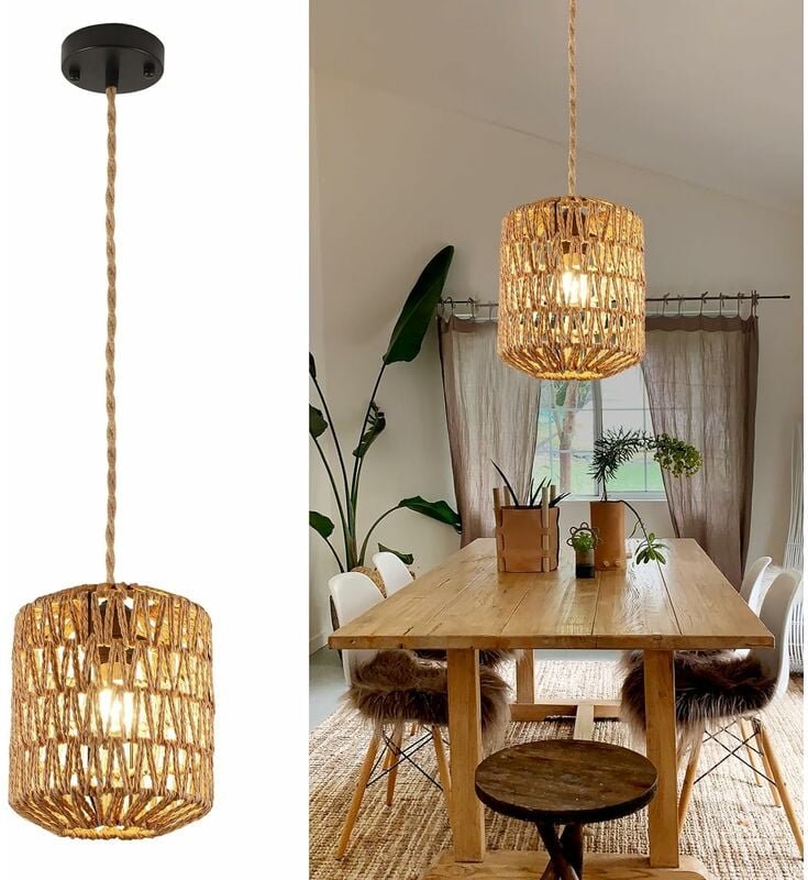 Thumbnail - COMELY Pendelleuchte aus Rattan, Vintage E27 Lampe, Rattan-Deckenleuchte für Wohnzimmer, Küche, Schlafzimmer, Café (ohne...