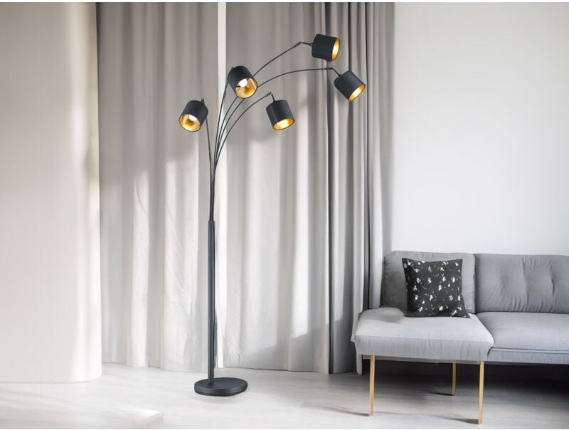 Led Stehleuchte 5 flammig Metall Stoffschirm Schwarz/Gold, Höhe 200cm
