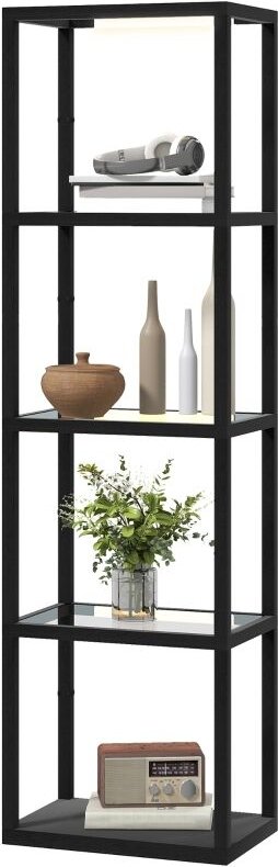 LED-Stehlampe mit 4-stufigem Regal, Glasfächer, Fußschalter, MDF, Schwarz